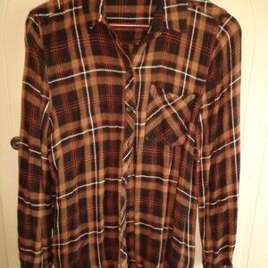 beachlunchlounge Women's Flannel Shirt M Browns Plaid Button Down Pocket Soft!